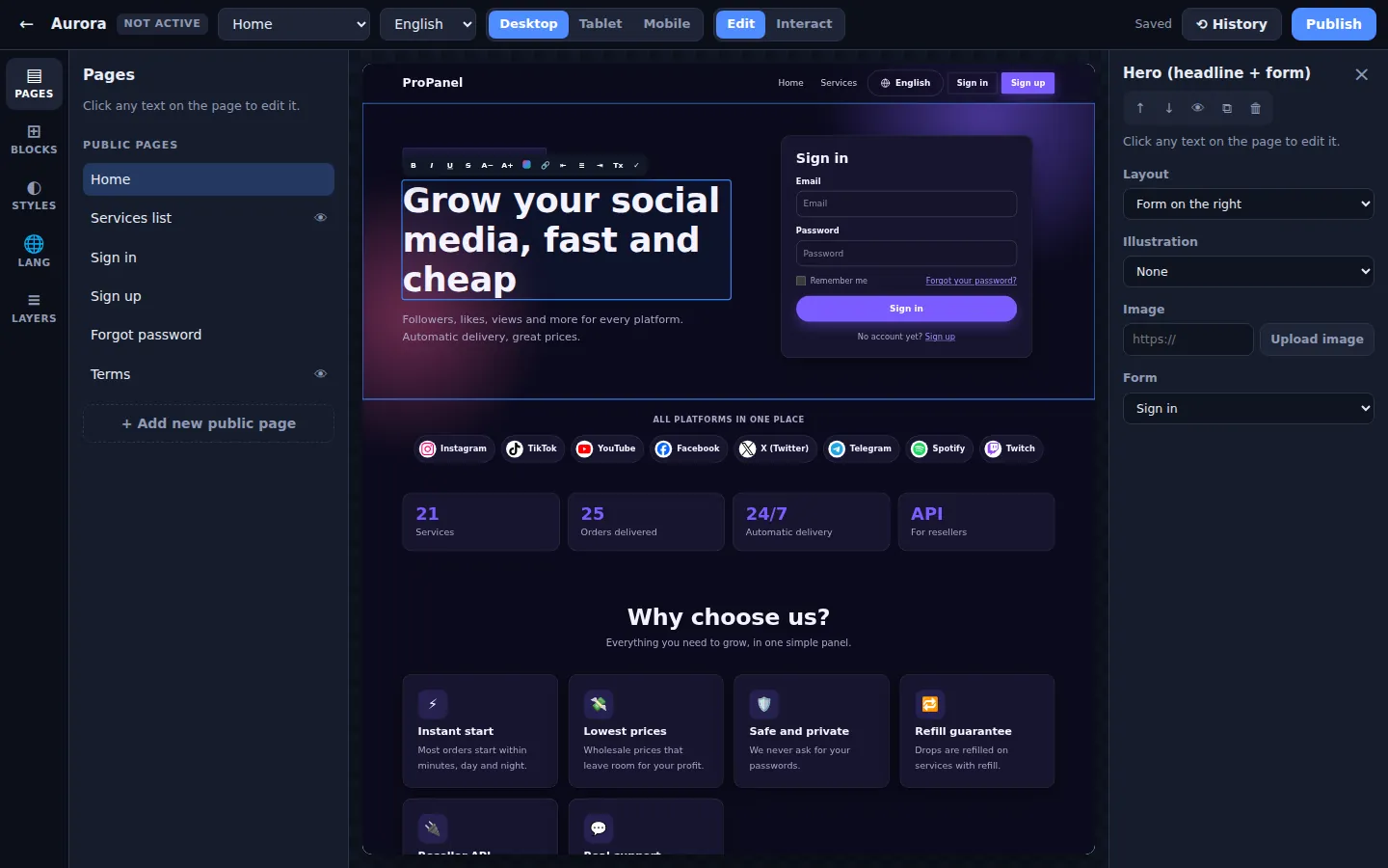 Edit your website on the page